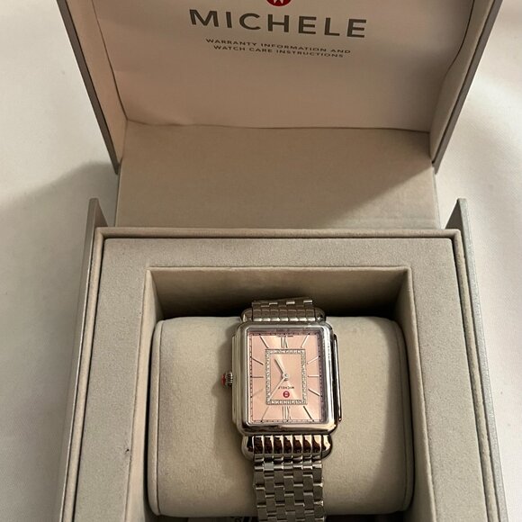MICHELE DECO II DESERT ROSE PINK DIAMOND DIAL STEEL WATCH